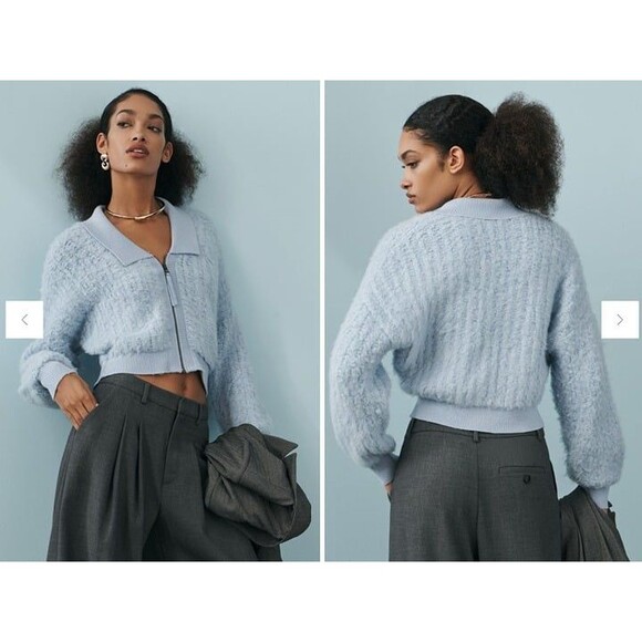 By Anthropologie Zip-Up Brushed Fuzzy Sweater Cardigan Sky Blue Size Small EUC - Picture 1 of 12